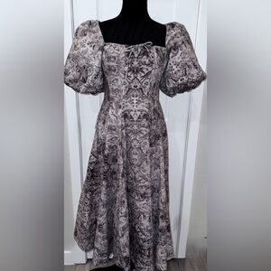 Selkie Heritage Day Brown Toile Puff Sleeve Cotton Midi Dress M